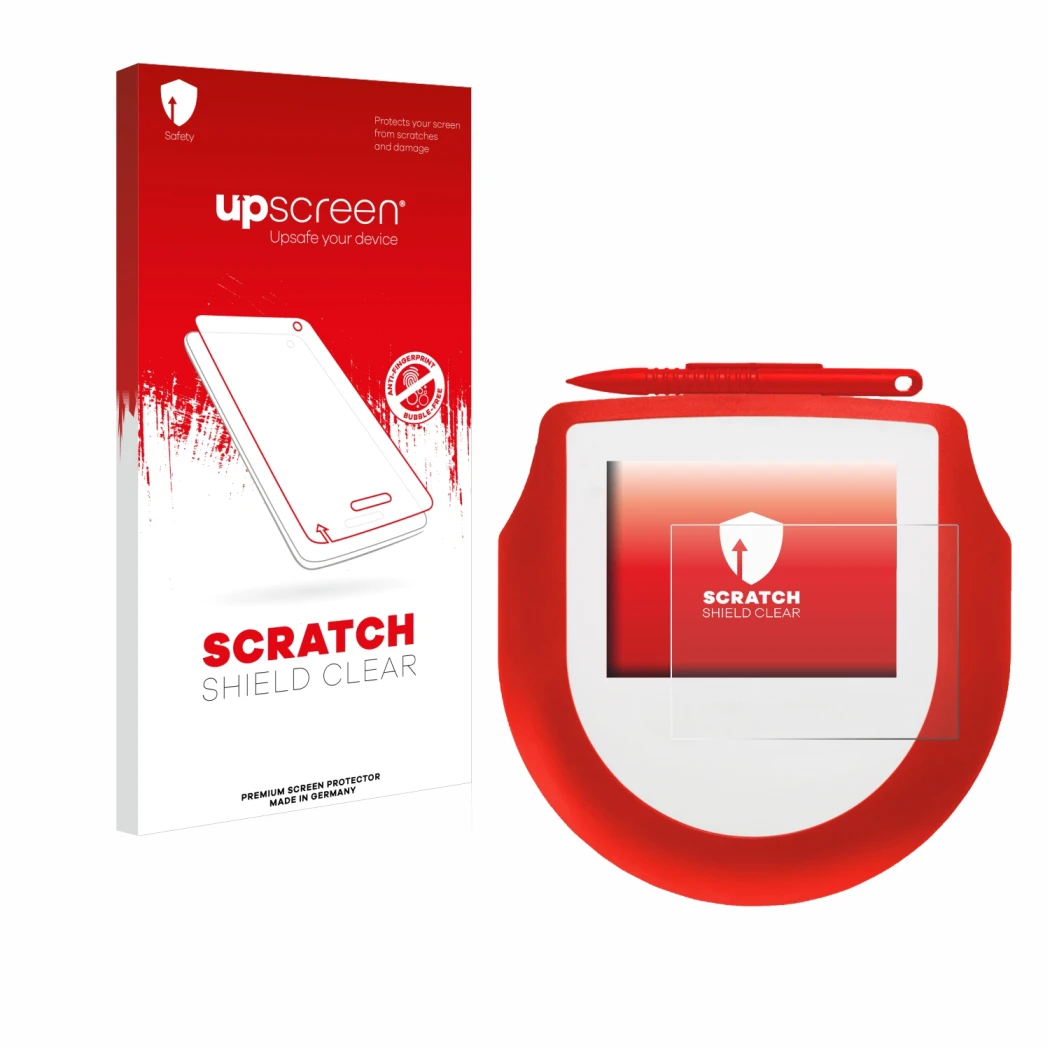 Face avant d’un emballage produit avec le logo de la marque upscreen. À côté, l’appareil Signotec Signature Pad Omega NFC est 