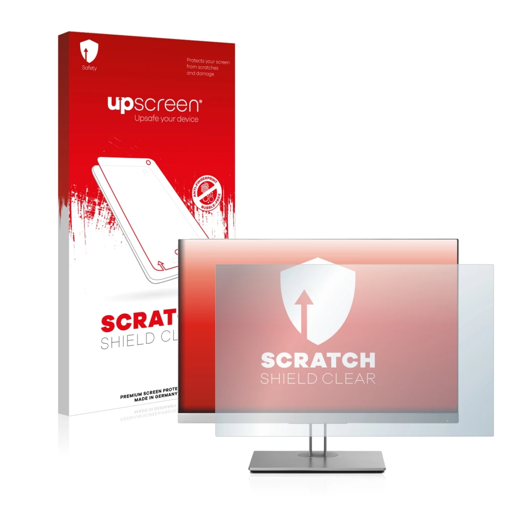 Face avant d’un emballage produit avec le logo de la marque upscreen. À côté, l’appareil HP EliteDisplay E243i est représenté