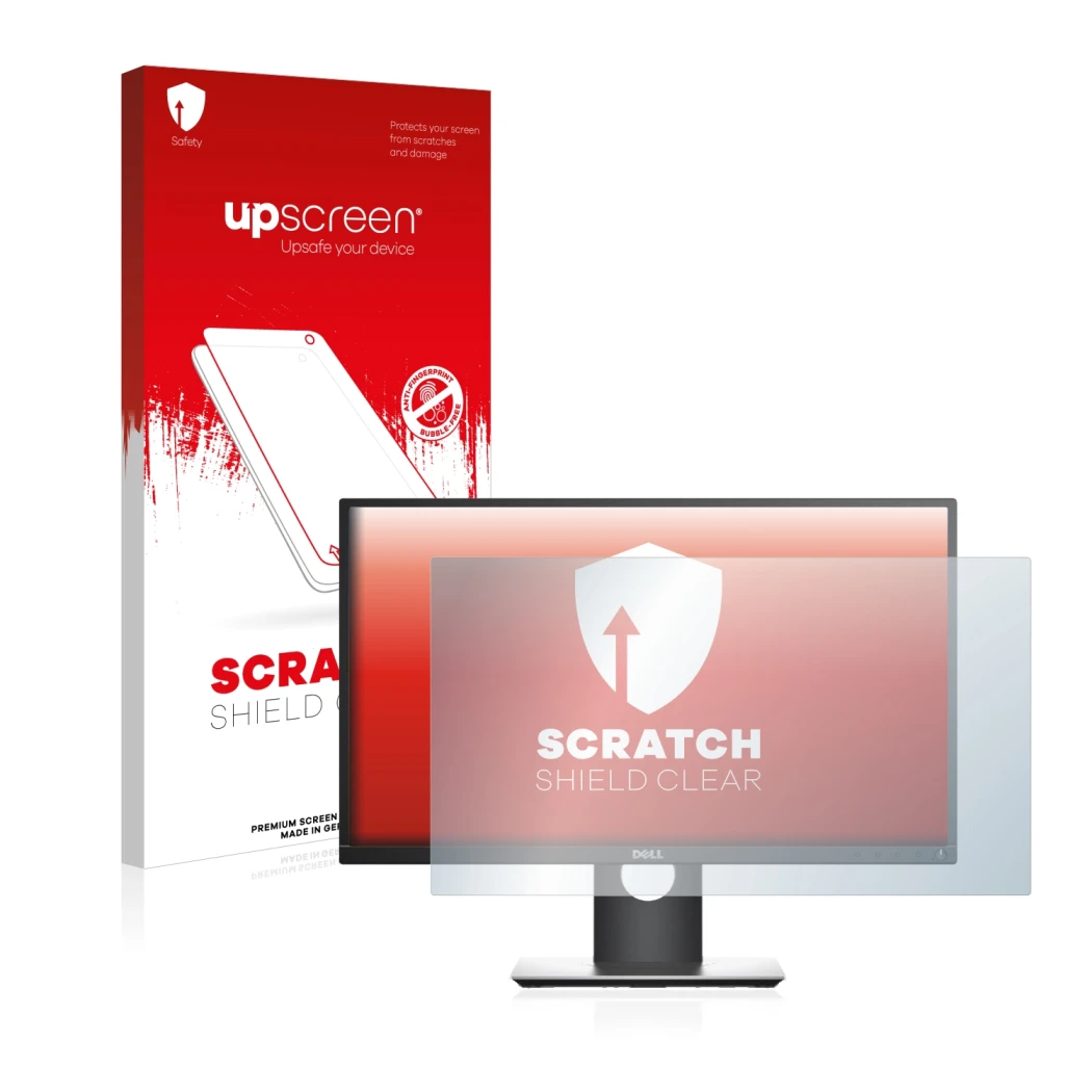 Face avant d’un emballage produit avec le logo de la marque upscreen. À côté, l’appareil Dell P2419H est représenté avec la pr