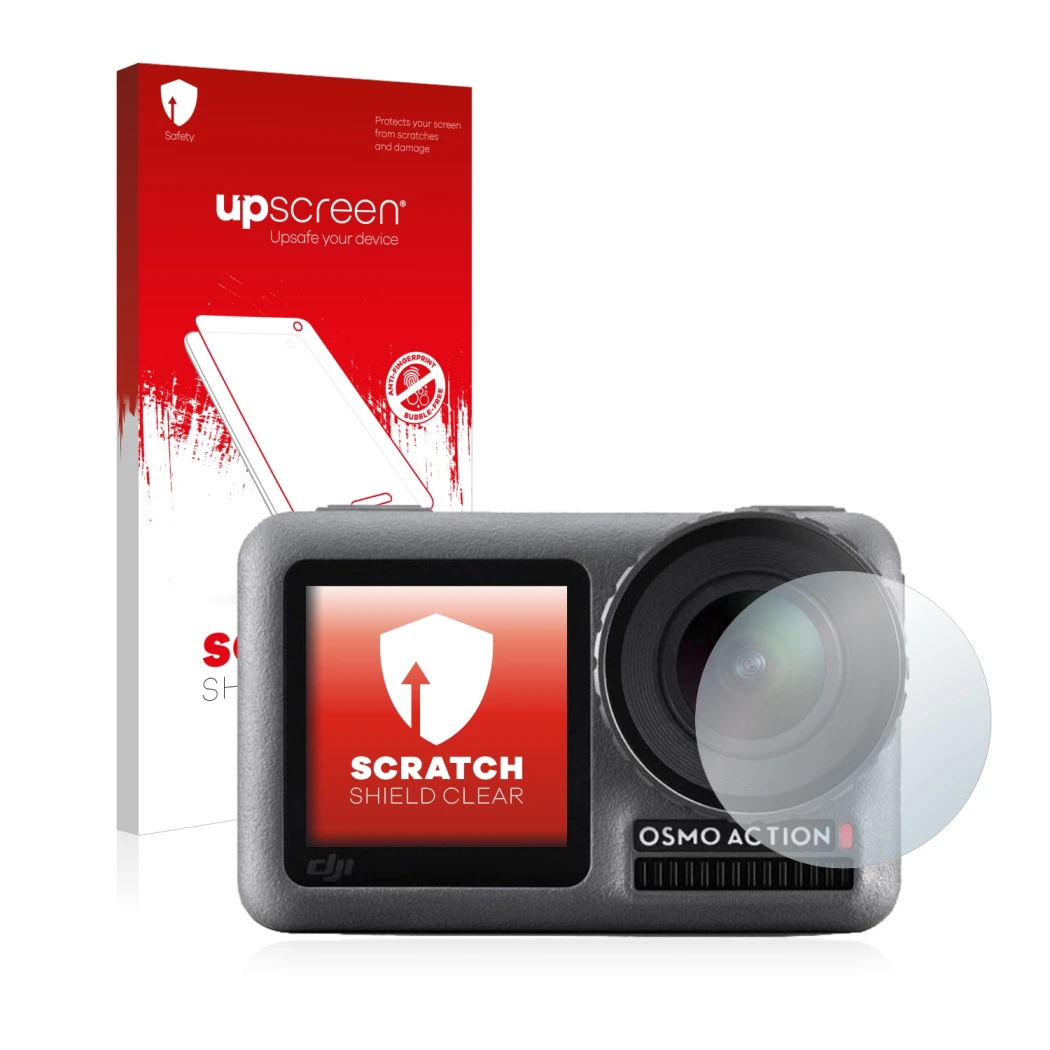 Face avant d’un emballage produit avec le logo de la marque upscreen. À côté, l’appareil DJI Osmo Action (Lentille) est représ