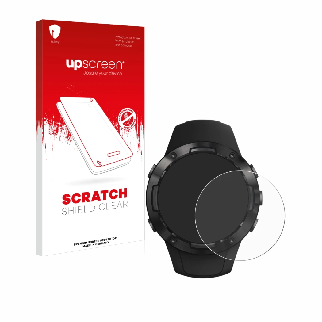 Face avant d’un emballage produit avec le logo de la marque upscreen. À côté, l’appareil Suunto 5 est représenté avec la prote