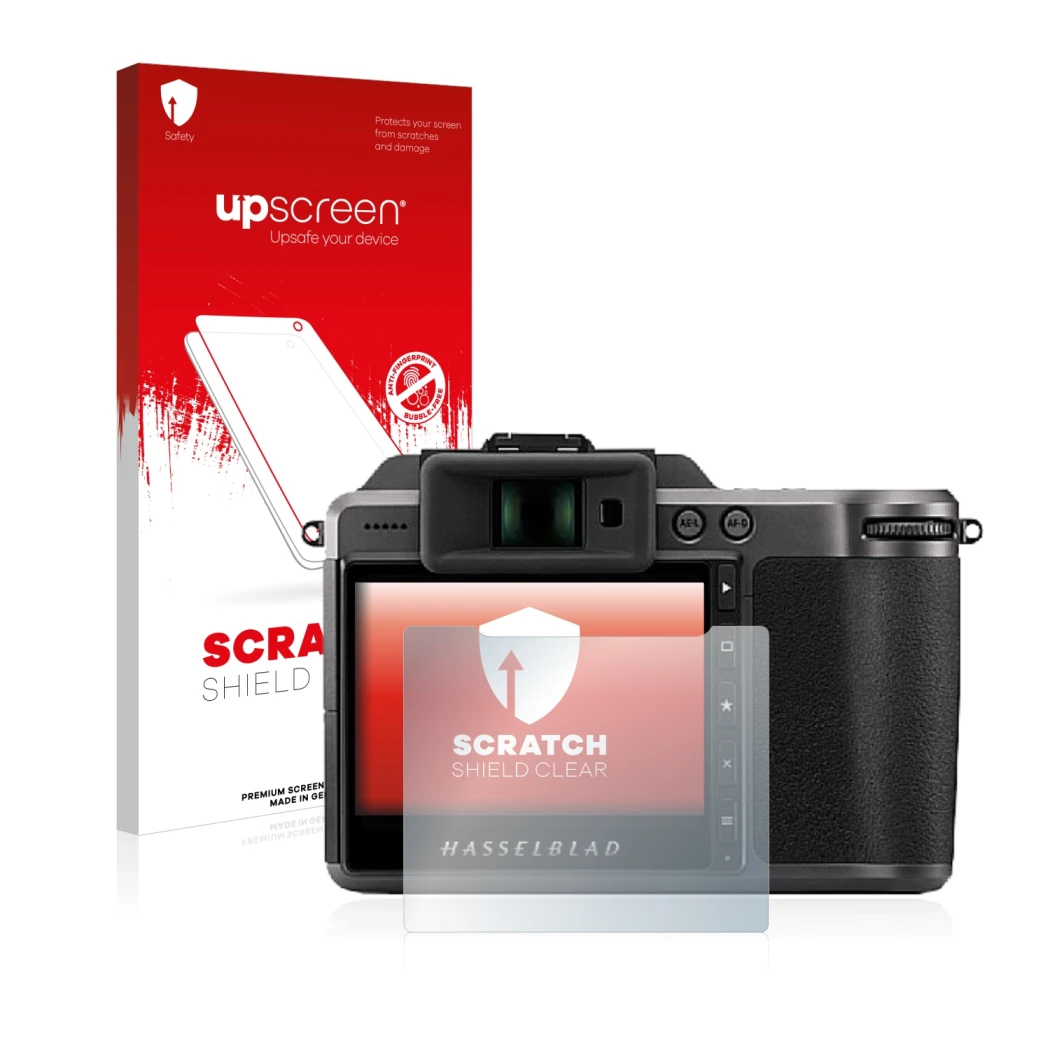 Face avant d’un emballage produit avec le logo de la marque upscreen. À côté, l’appareil Hasselblad X1D II 50C est représenté 