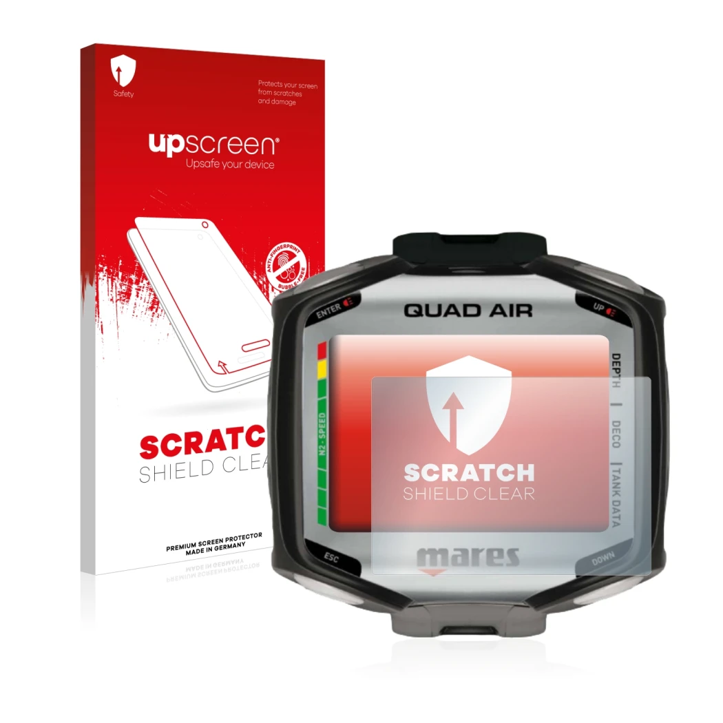Face avant d’un emballage produit avec le logo de la marque upscreen. À côté, l’appareil Mares Quad Air est représenté avec la