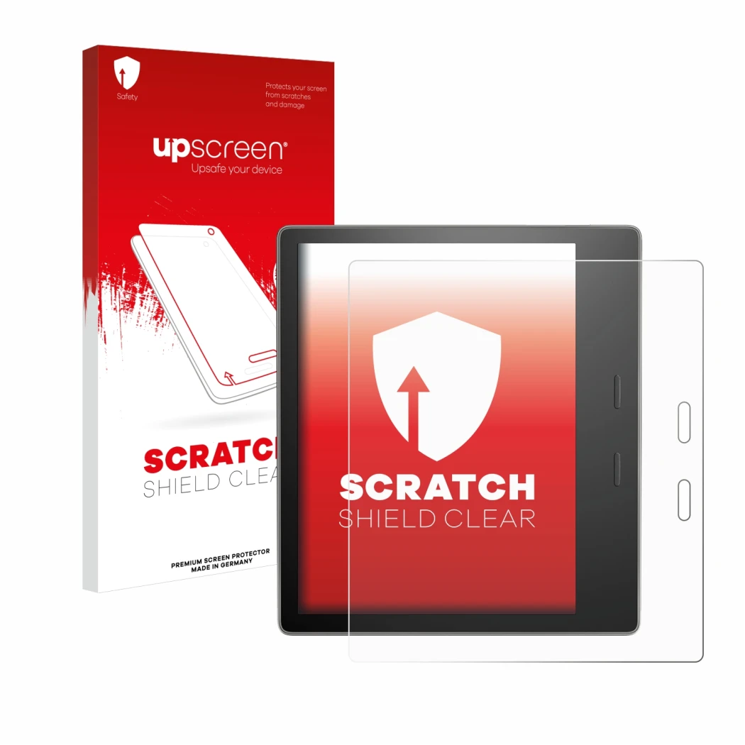 Face avant d’un emballage produit avec le logo de la marque upscreen. À côté, l’appareil Amazon Kindle Oasis 2019 (10ème Gen.)