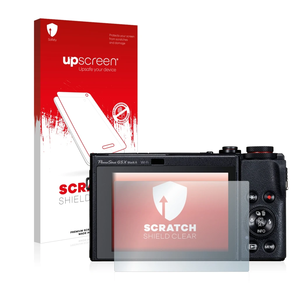 Face avant d’un emballage produit avec le logo de la marque upscreen. À côté, l’appareil Canon PowerShot G5 X Mark II est repr