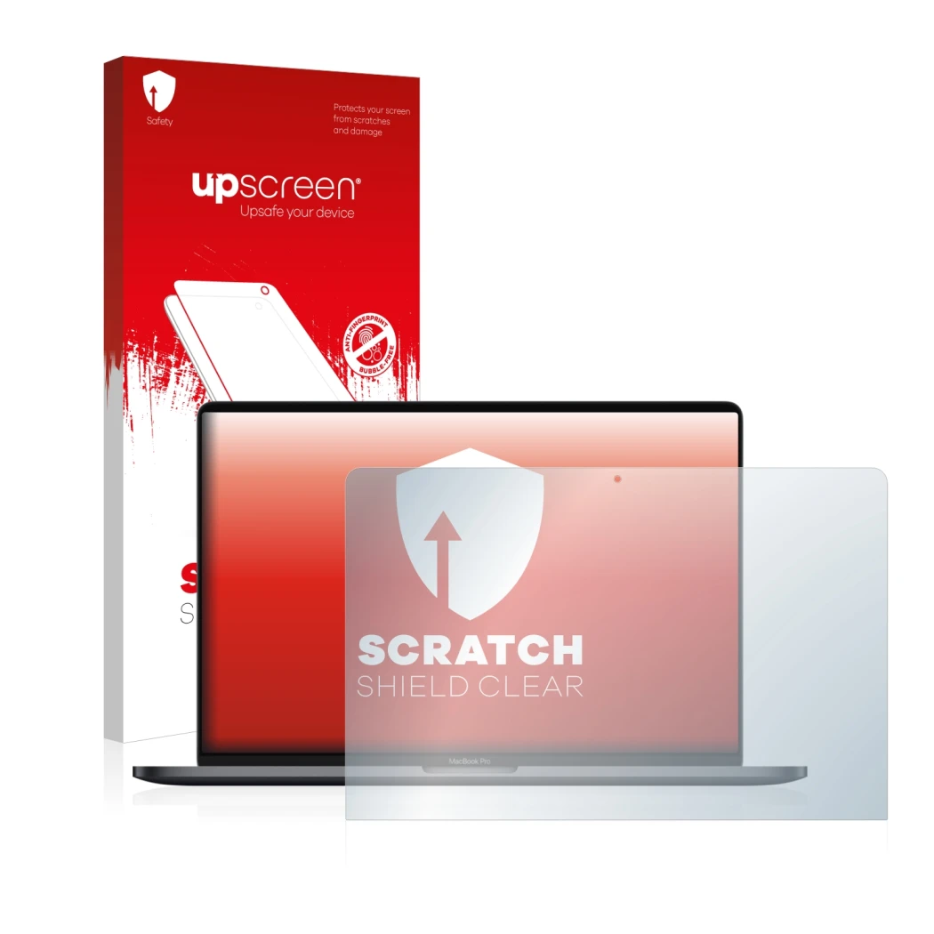 Face avant d’un emballage produit avec le logo de la marque upscreen. À côté, l’appareil Apple MacBook Pro 13