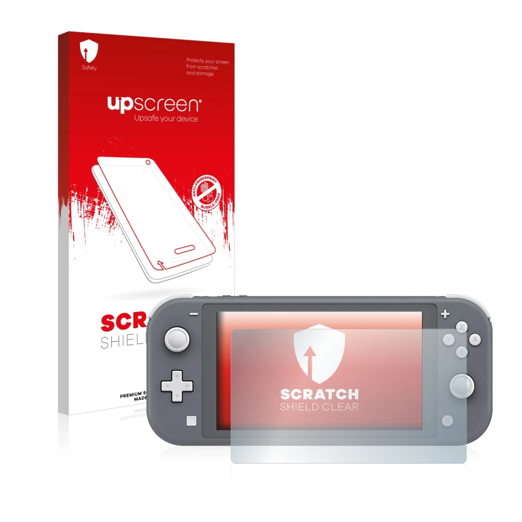 Face avant d’un emballage produit avec le logo de la marque upscreen. À côté, l’appareil Nintendo Switch Lite est représenté a