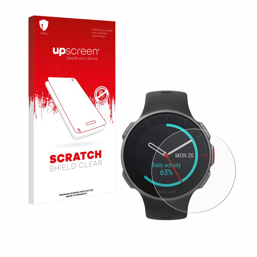 Face avant d’un emballage produit avec le logo de la marque upscreen. À côté, l’appareil Polar Vantage V Titan est représenté