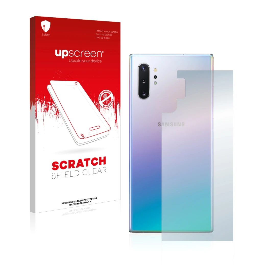 Face avant d’un emballage produit avec le logo de la marque upscreen. À côté, l’appareil Samsung Galaxy Note 10 Plus (Arrière)