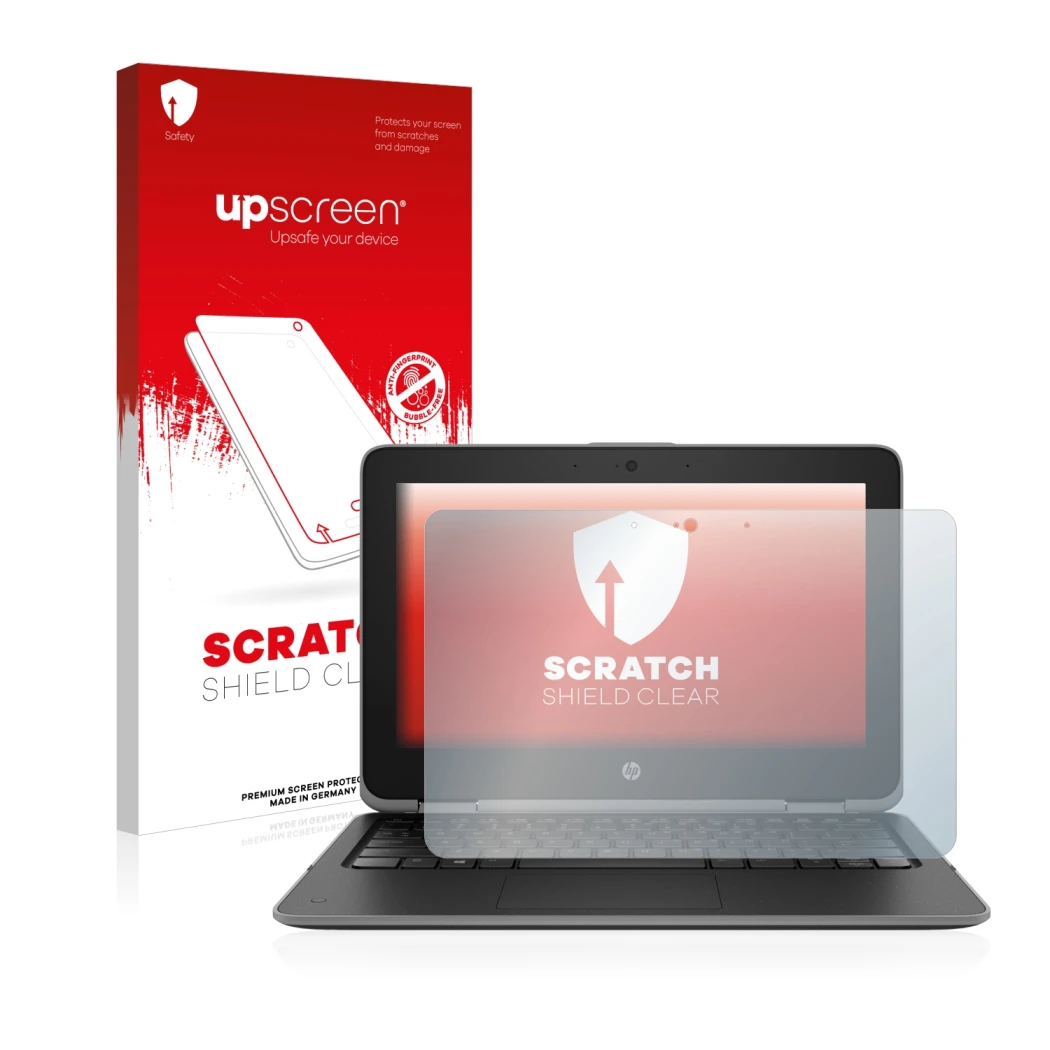 Face avant d’un emballage produit avec le logo de la marque upscreen. À côté, l’appareil HP ProBook x360 11 G3 est représenté
