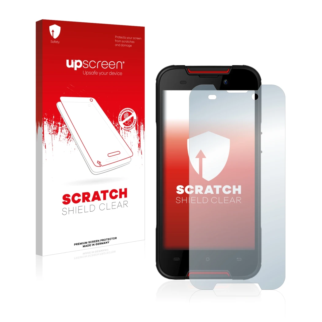 Face avant d’un emballage produit avec le logo de la marque upscreen. À côté, l’appareil Cubot Quest Lite est représenté avec