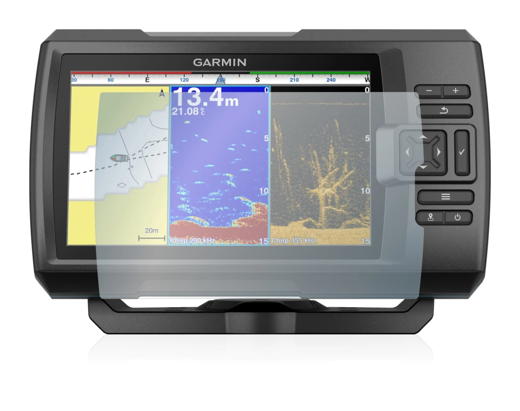 Image de l'appareil Garmin Striker Plus 9sv avec une grande variété de protections d'écran.