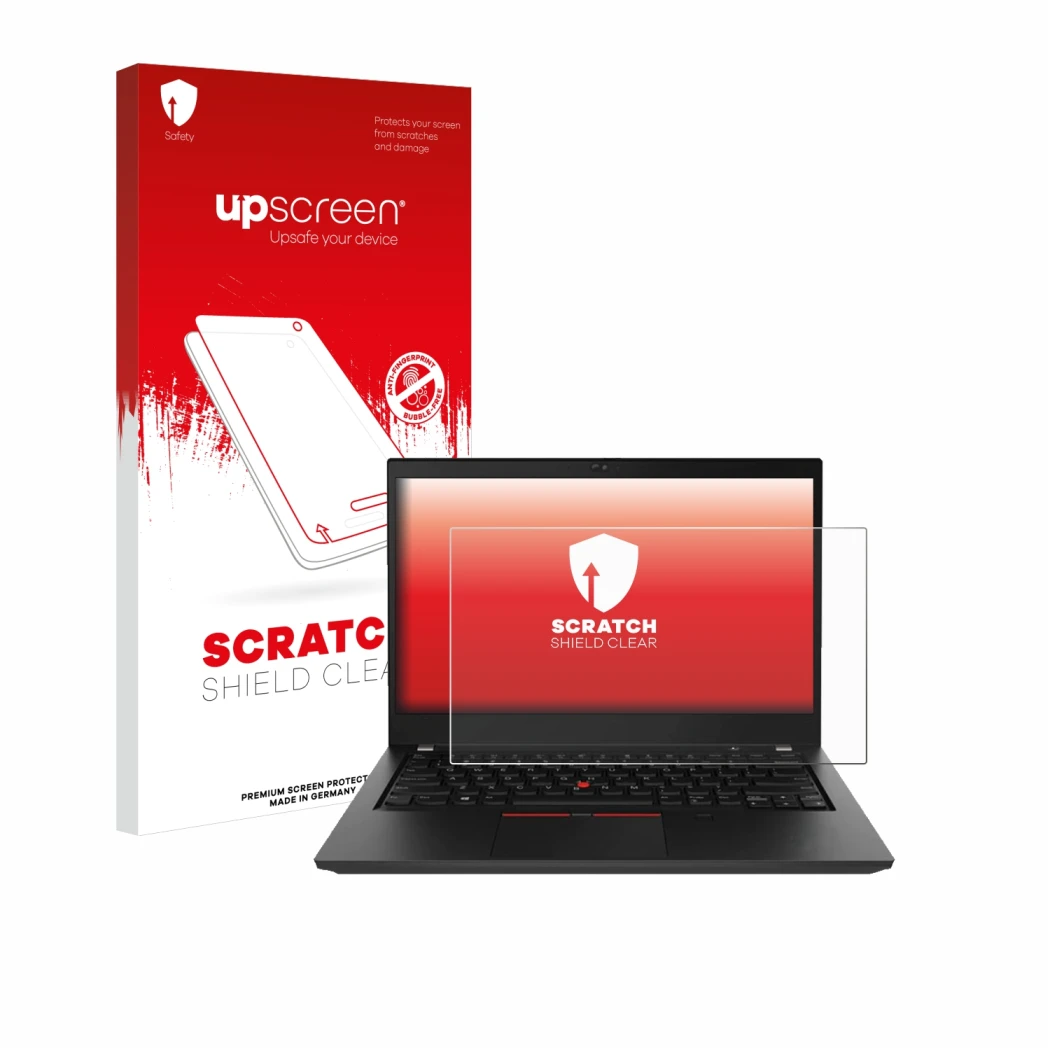 Face avant d’un emballage produit avec le logo de la marque upscreen. À côté, l’appareil Lenovo ThinkPad T490 Non-Touch est re