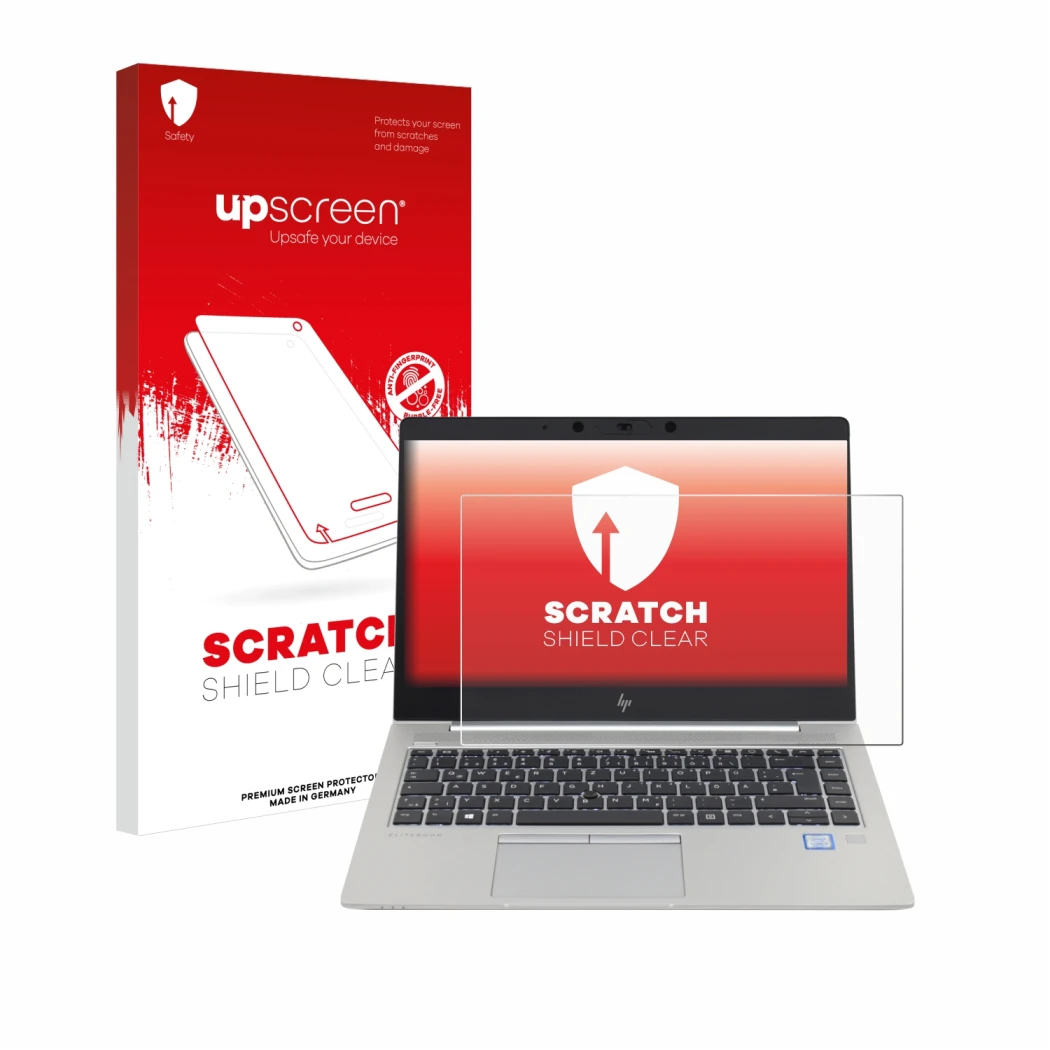 Face avant d’un emballage produit avec le logo de la marque upscreen. À côté, l’appareil HP EliteBook 840 G5 Non-Touch est rep