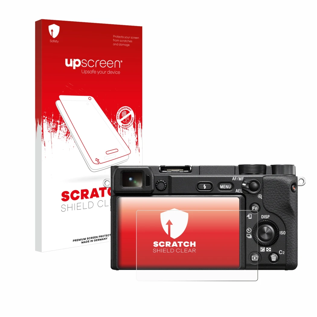 Face avant d’un emballage produit avec le logo de la marque upscreen. À côté, l’appareil Sony Alpha 6100 est représenté avec l