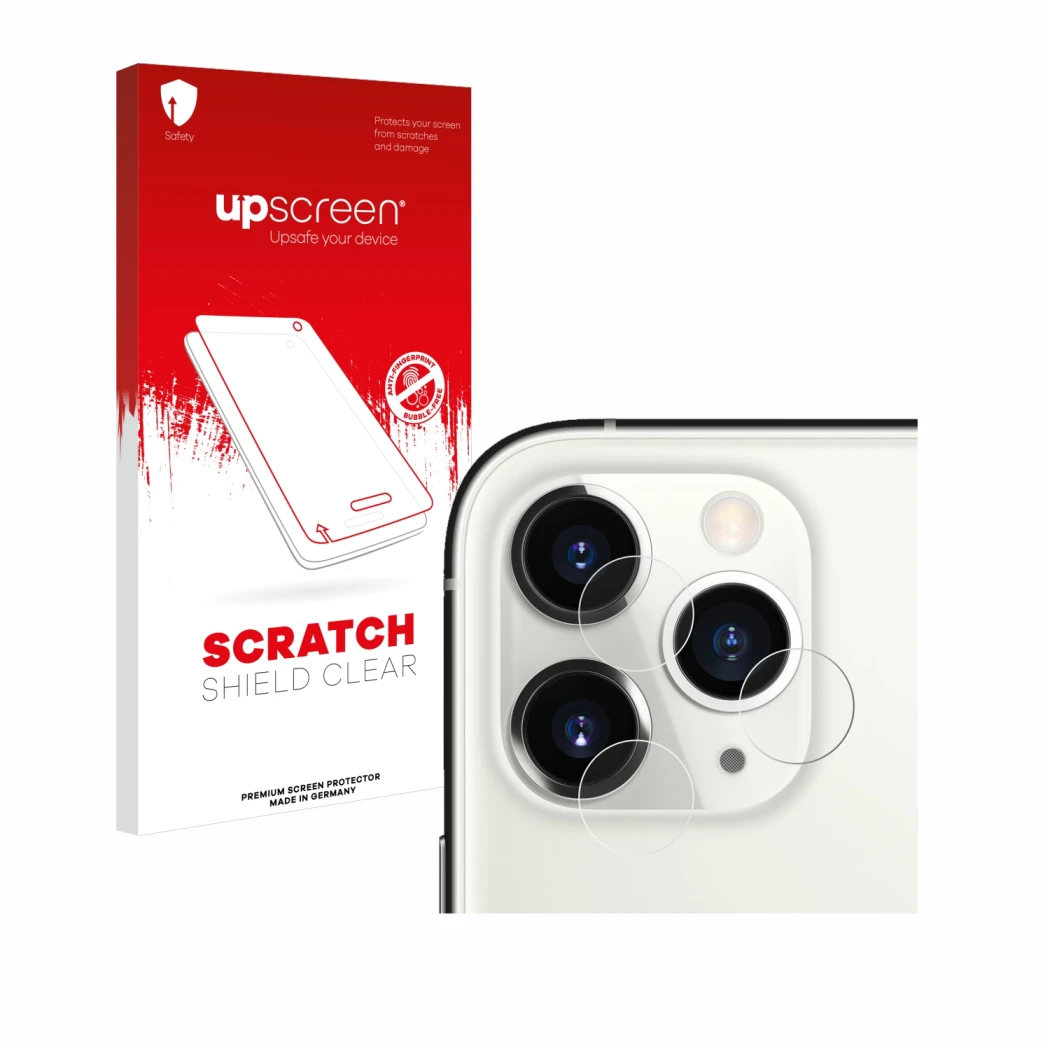 Face avant d’un emballage produit avec le logo de la marque upscreen. À côté, l’appareil Apple iPhone 11 Pro (Caméra UNIQUEMEN