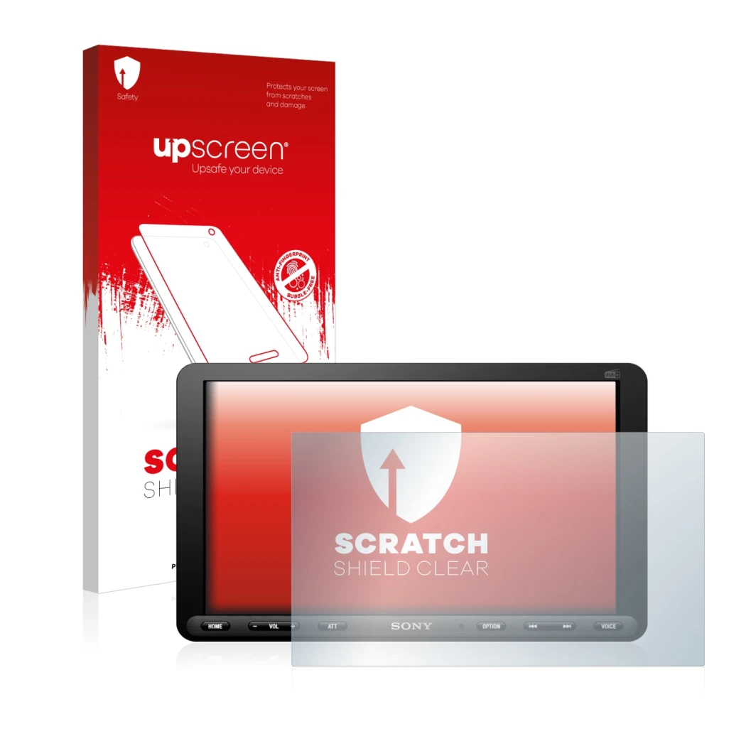 Face avant d’un emballage produit avec le logo de la marque upscreen. À côté, l’appareil Sony XAV-AX8050D est représenté avec