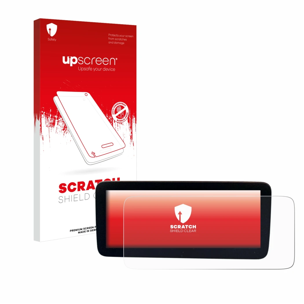 Face avant d’un emballage produit avec le logo de la marque upscreen. À côté, l’appareil Mercedes-Benz Actros 2019 Cockpit 12