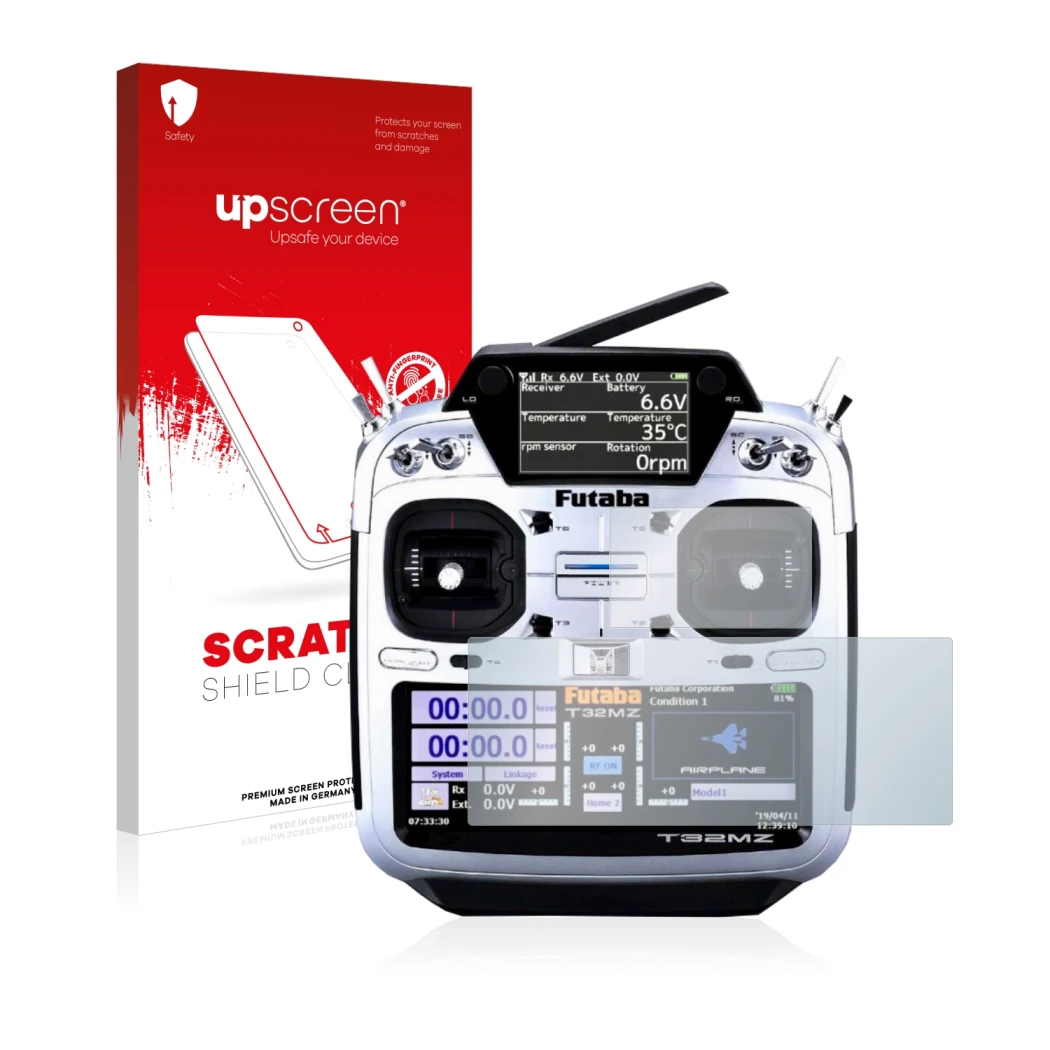 Face avant d’un emballage produit avec le logo de la marque upscreen. À côté, l’appareil Robbe Futaba T32MZ est représenté ave