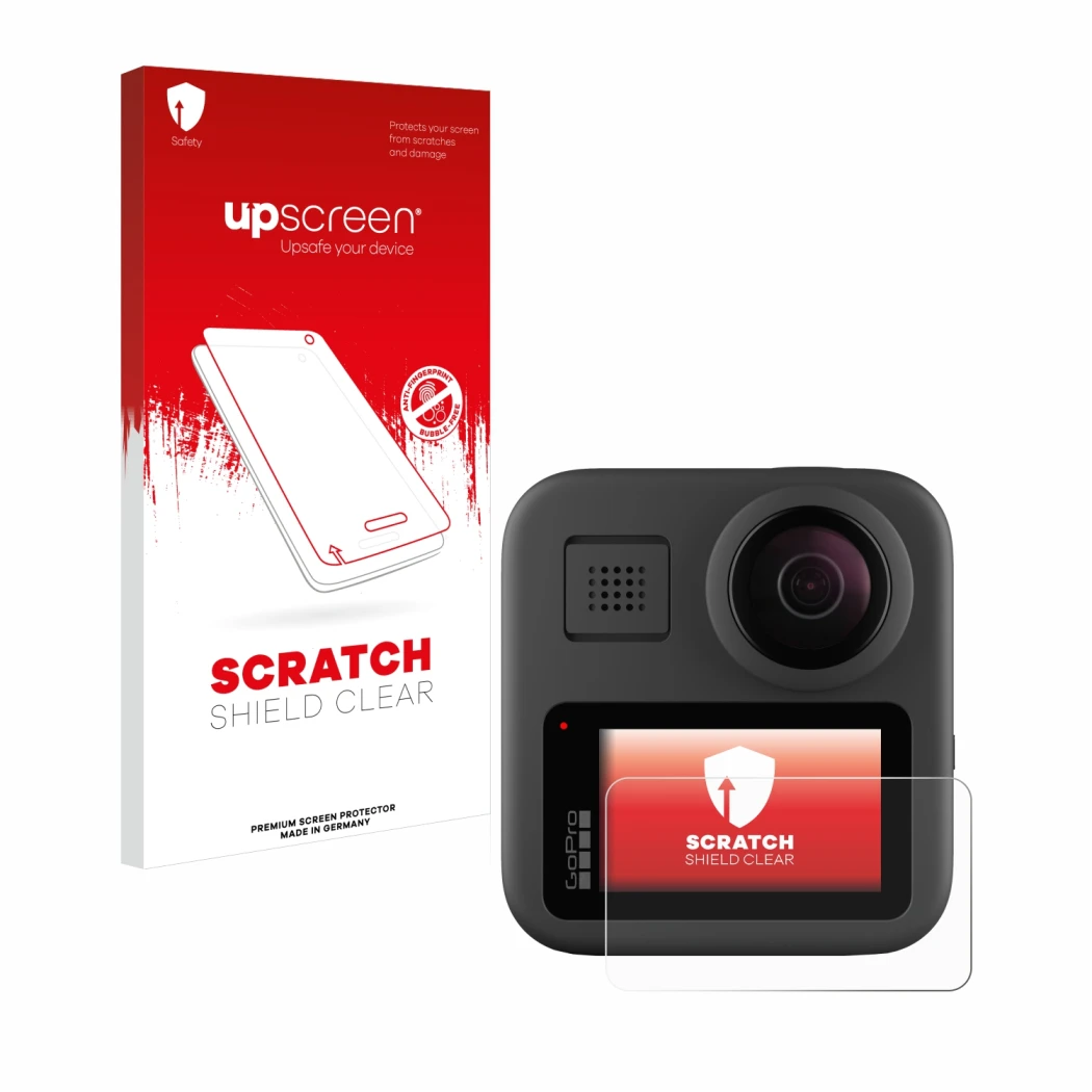Face avant d’un emballage produit avec le logo de la marque upscreen. À côté, l’appareil GoPro Max est représenté avec la prot