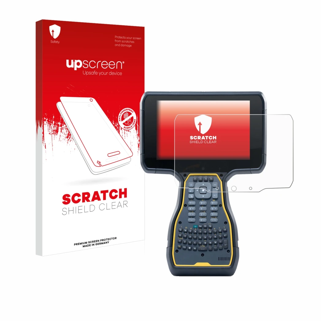 Face avant d’un emballage produit avec le logo de la marque upscreen. À côté, l’appareil Trimble TSC7 Controller est représent