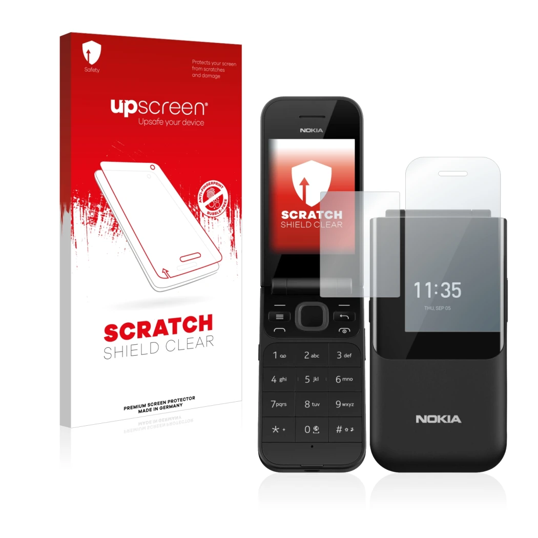 Face avant d’un emballage produit avec le logo de la marque upscreen. À côté, l’appareil Nokia 2720 Flip est représenté avec l