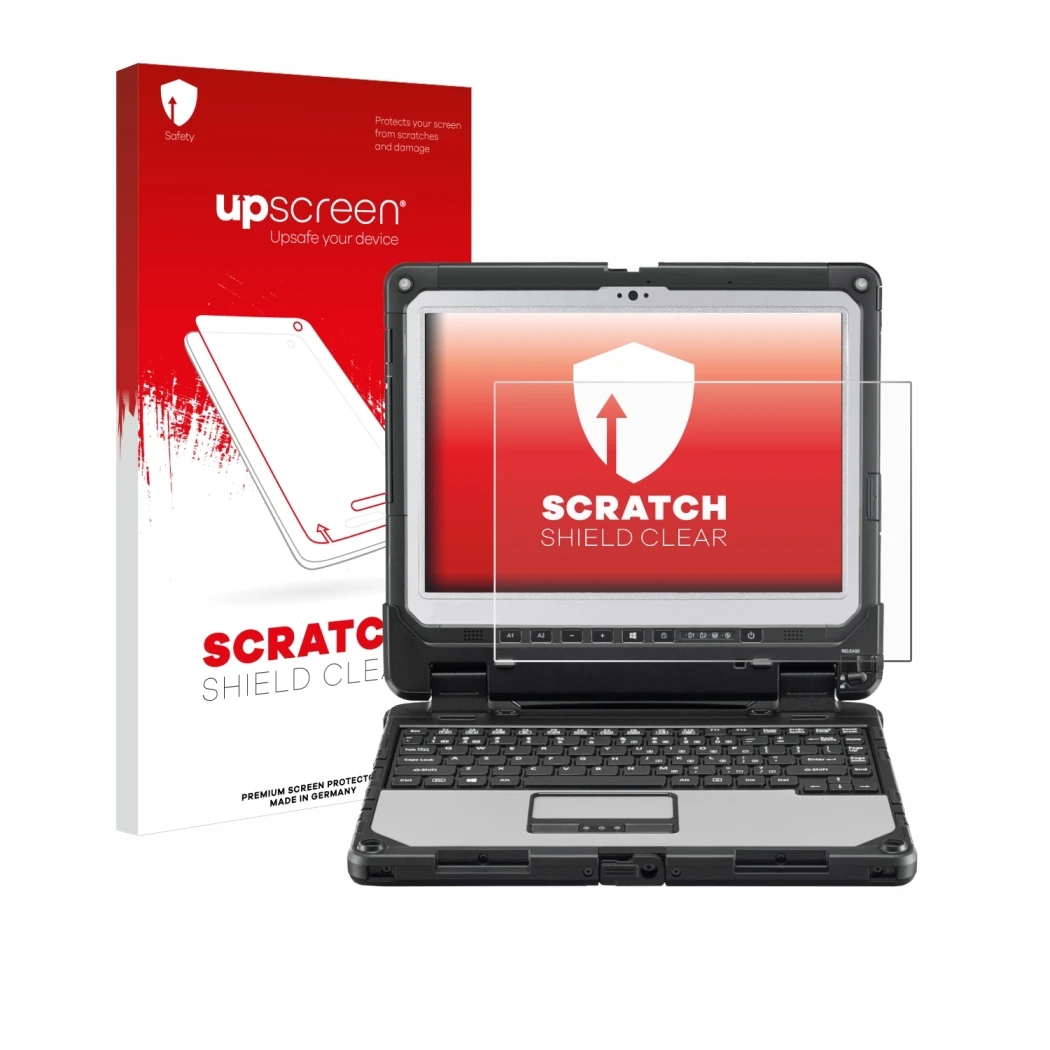Face avant d’un emballage produit avec le logo de la marque upscreen. À côté, l’appareil Panasonic Toughbook CF-33 est représe