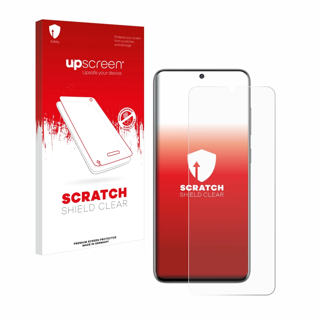 Face avant d’un emballage produit avec le logo de la marque upscreen. À côté, l’appareil Samsung Galaxy S20 est représenté ave