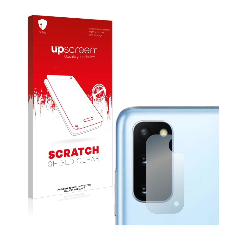 Face avant d’un emballage produit avec le logo de la marque upscreen. À côté, l’appareil Samsung Galaxy S20 (Caméra UNIQUEMENT