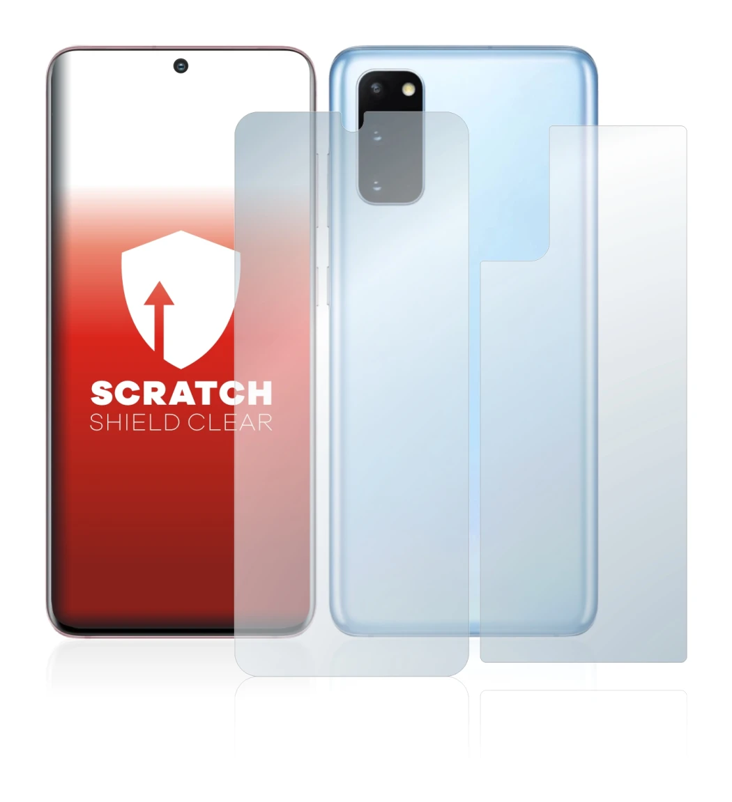 Image de l'appareil Samsung Galaxy S20 (Avant+Arrière) avec une grande variété de protections d'écran.
