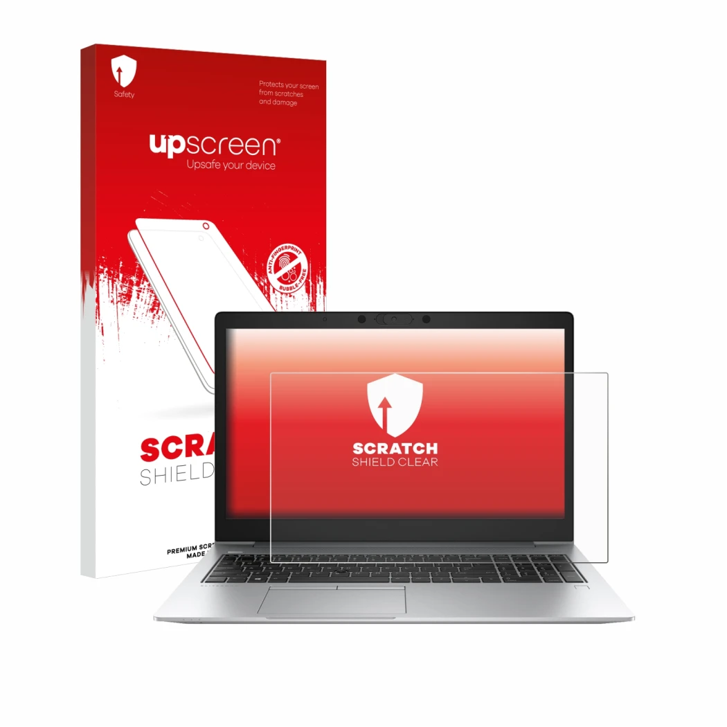 Face avant d’un emballage produit avec le logo de la marque upscreen. À côté, l’appareil HP EliteBook 850 G6 est représenté av