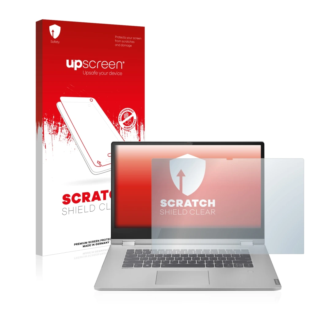 Face avant d’un emballage produit avec le logo de la marque upscreen. À côté, l’appareil Lenovo IdeaPad C340 15