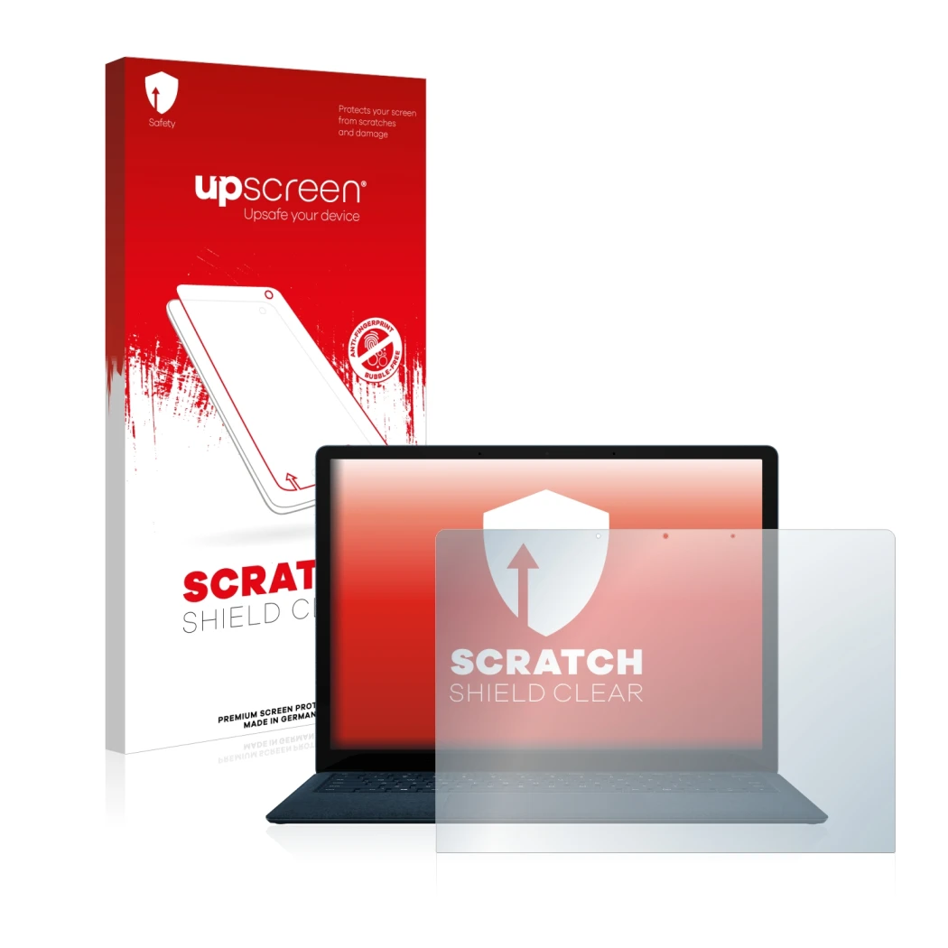 Face avant d’un emballage produit avec le logo de la marque upscreen. À côté, l’appareil Microsoft Surface Laptop 3 13.5