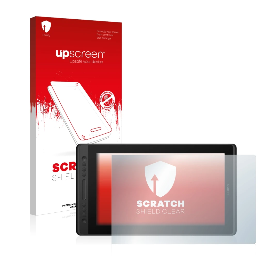 Face avant d’un emballage produit avec le logo de la marque upscreen. À côté, l’appareil Huion Kamvas Pro 16 Premium est repré