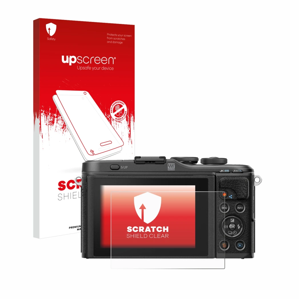 Face avant d’un emballage produit avec le logo de la marque upscreen. À côté, l’appareil Olympus PEN E-PL10 est représenté ave