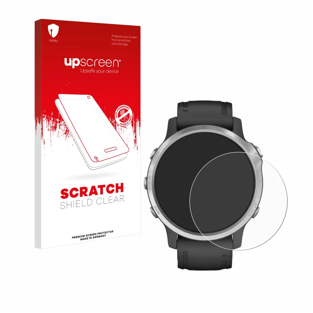 Face avant d’un emballage produit avec le logo de la marque upscreen. À côté, l’appareil Garmin Fenix 6S est représenté avec l