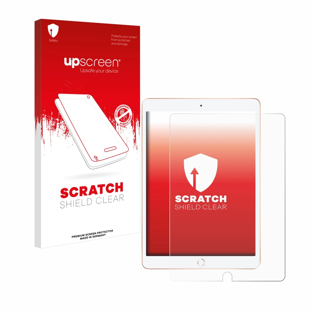 Face avant d’un emballage produit avec le logo de la marque upscreen. À côté, l’appareil Apple iPad 10.2
