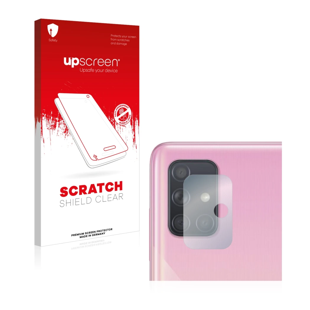 Face avant d’un emballage produit avec le logo de la marque upscreen. À côté, l’appareil Samsung Galaxy A51 (Caméra UNIQUEMENT