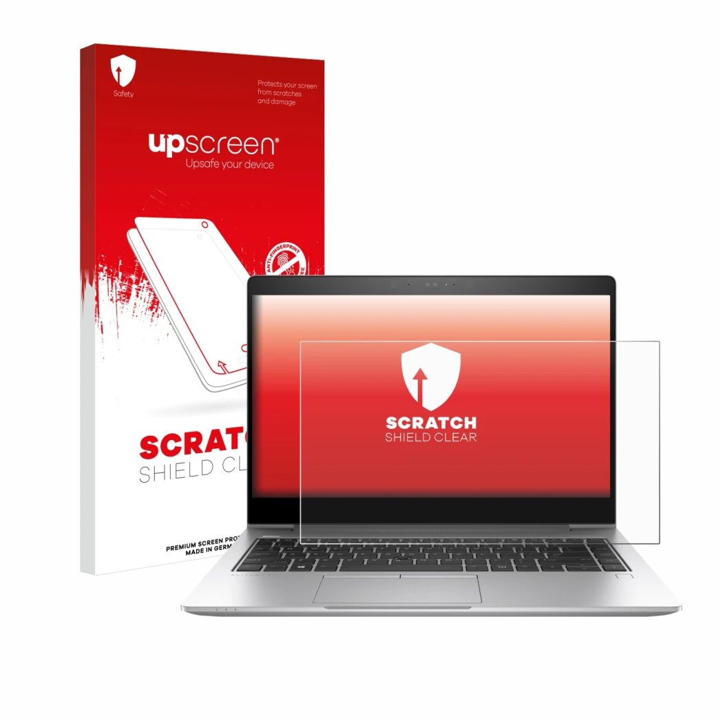 Face avant d’un emballage produit avec le logo de la marque upscreen. À côté, l’appareil HP EliteBook 840 G6 est représenté av