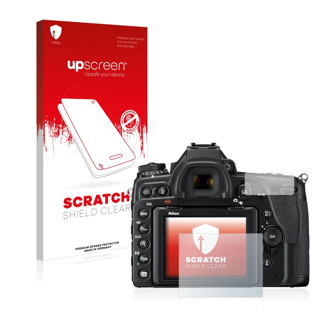 Face avant d’un emballage produit avec le logo de la marque upscreen. À côté, l’appareil Nikon D780 est représenté avec la pro