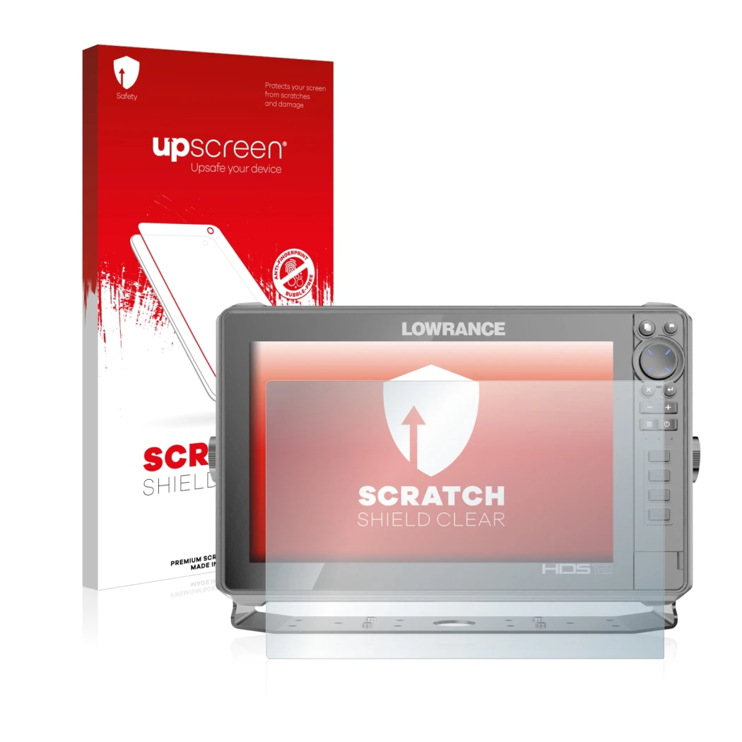 Face avant d’un emballage produit avec le logo de la marque upscreen. À côté, l’appareil Lowrance HDS Live 12