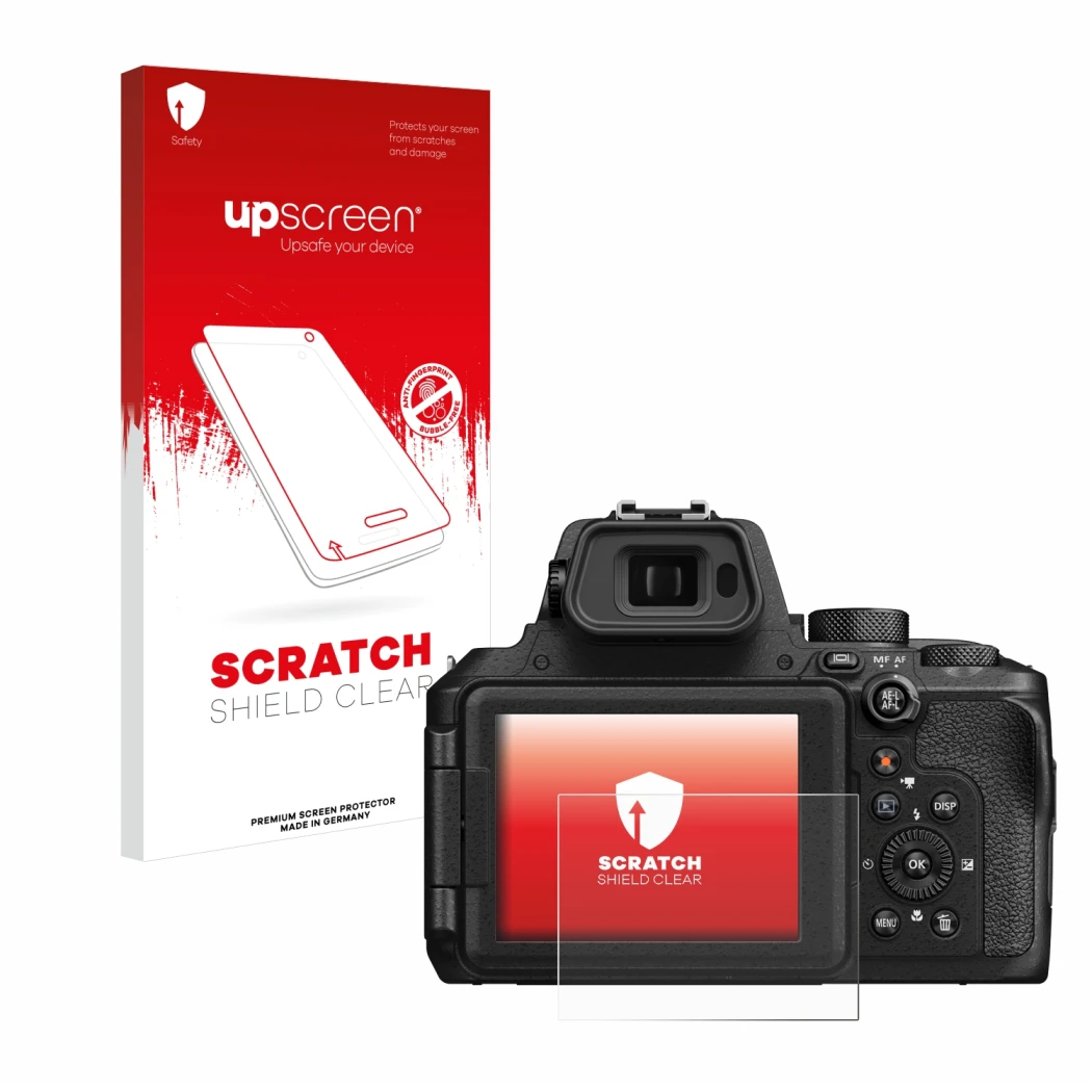Face avant d’un emballage produit avec le logo de la marque upscreen. À côté, l’appareil Nikon Coolpix P950 est représenté ave