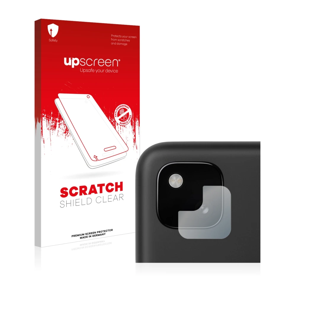 Face avant d’un emballage produit avec le logo de la marque upscreen. À côté, l’appareil Google Pixel 4a (Caméra UNIQUEMENT) e