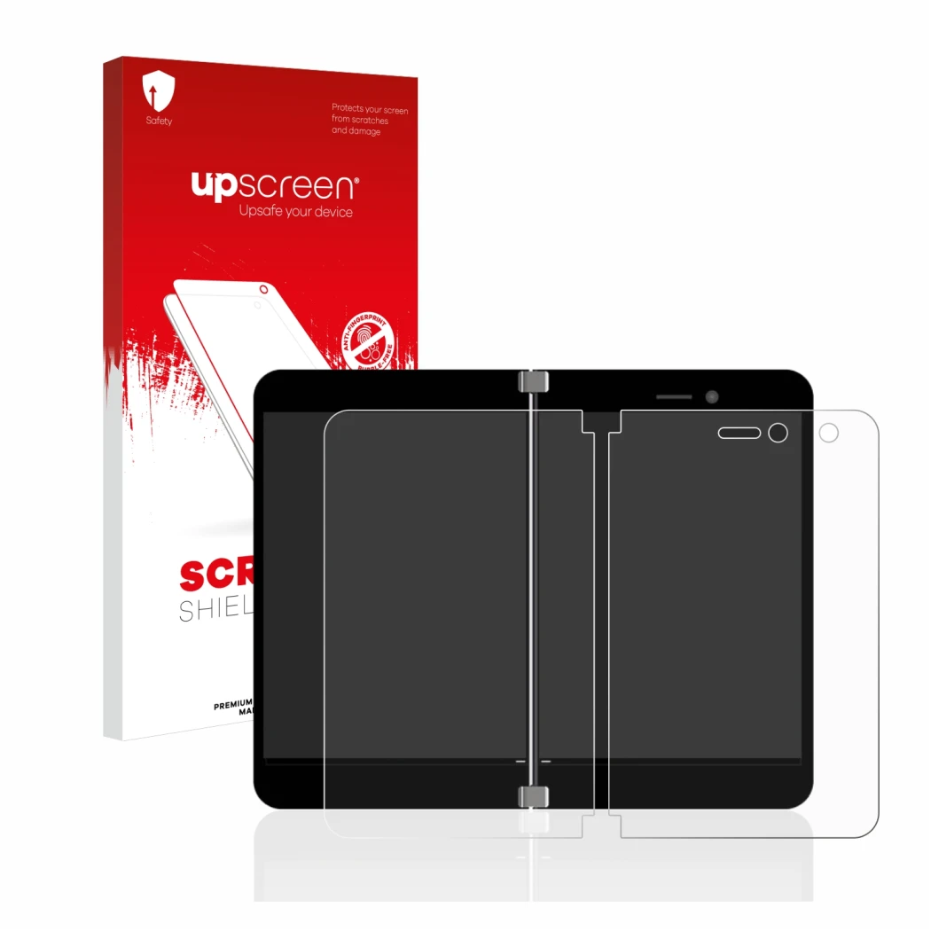 Face avant d’un emballage produit avec le logo de la marque upscreen. À côté, l’appareil Microsoft Surface Duo est représenté 