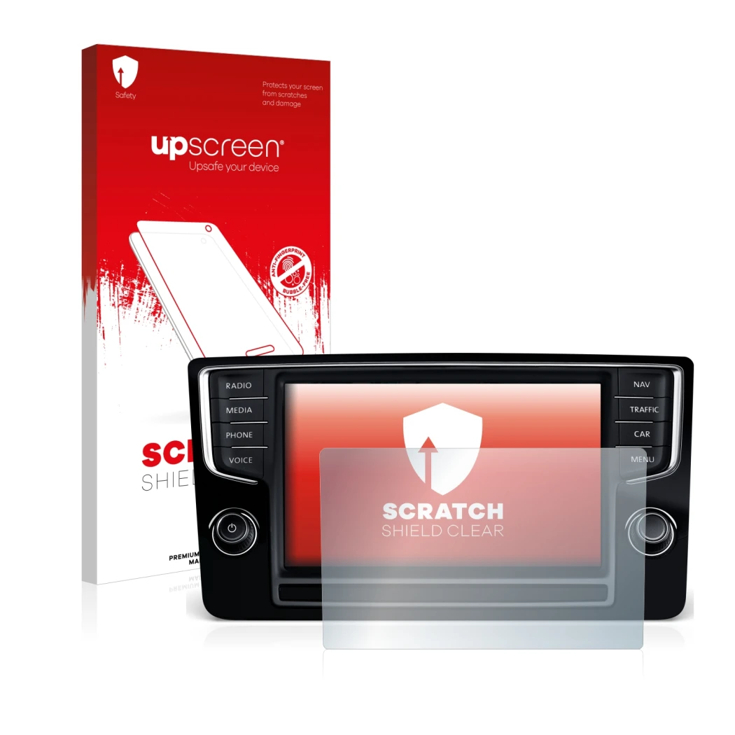 Face avant d’un emballage produit avec le logo de la marque upscreen. À côté, l’appareil Volkswagen Golf Sportsvan 2015 Discov