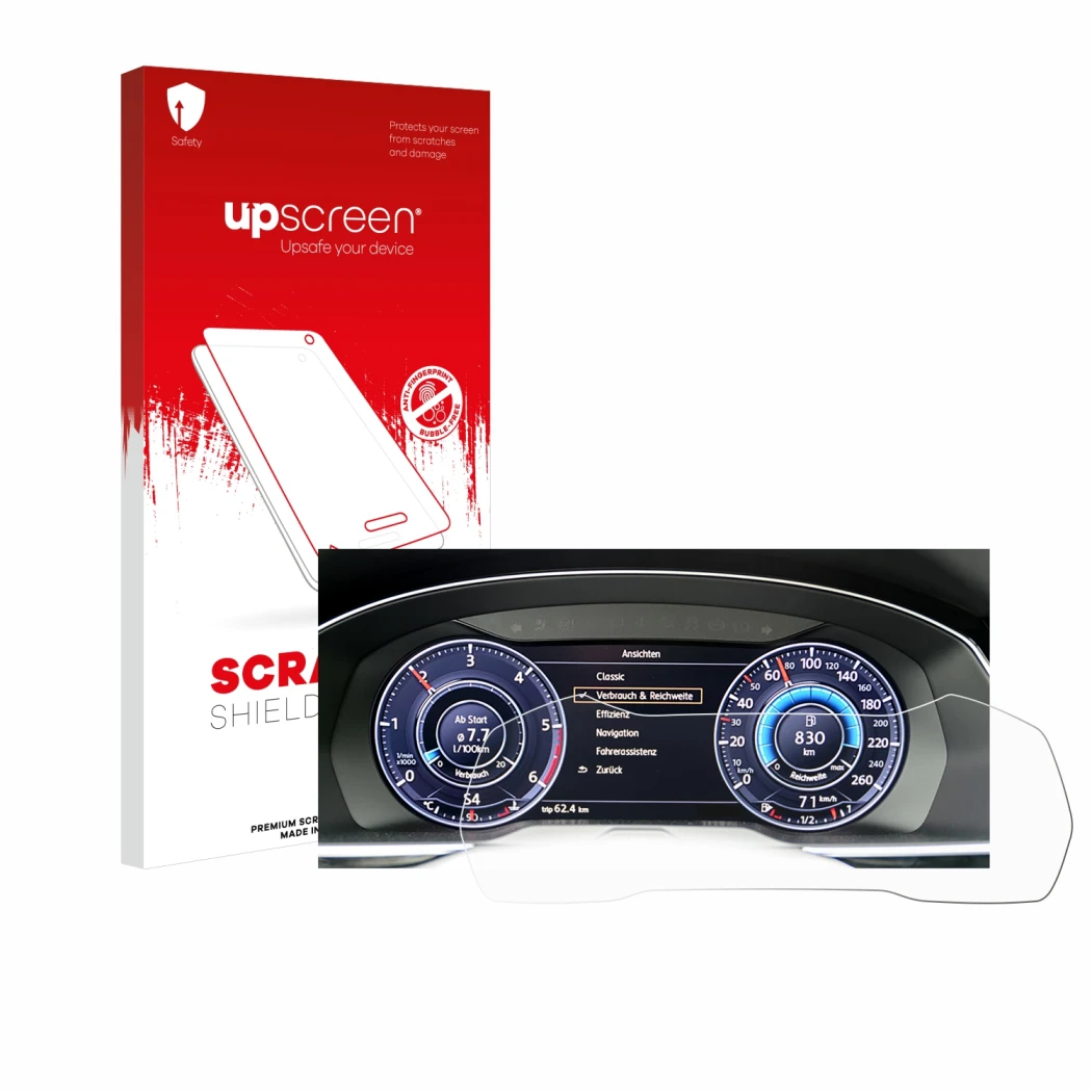 Face avant d’un emballage produit avec le logo de la marque upscreen. À côté, l’appareil Volkswagen Passat Active Info Cockpit