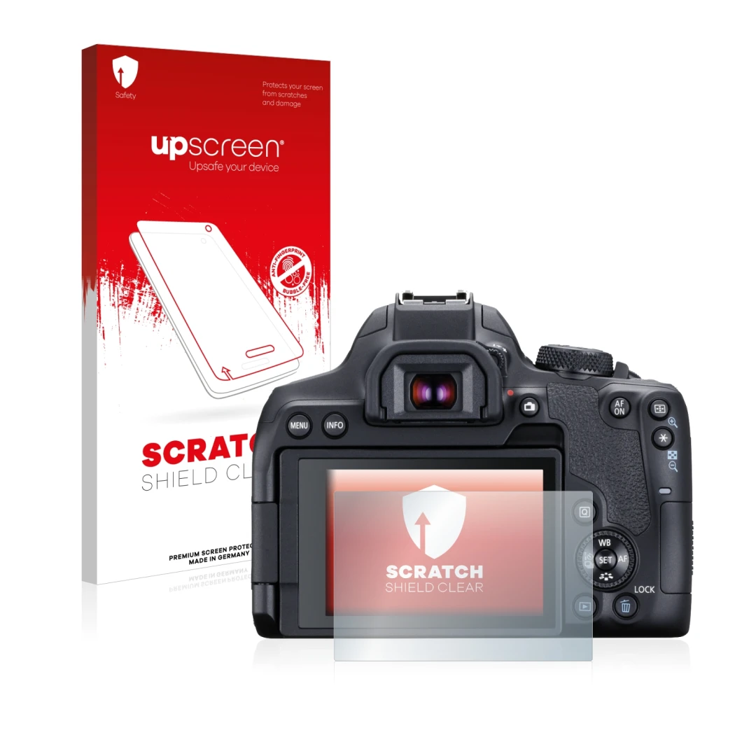 Face avant d’un emballage produit avec le logo de la marque upscreen. À côté, l’appareil Canon EOS 850D est représenté avec la