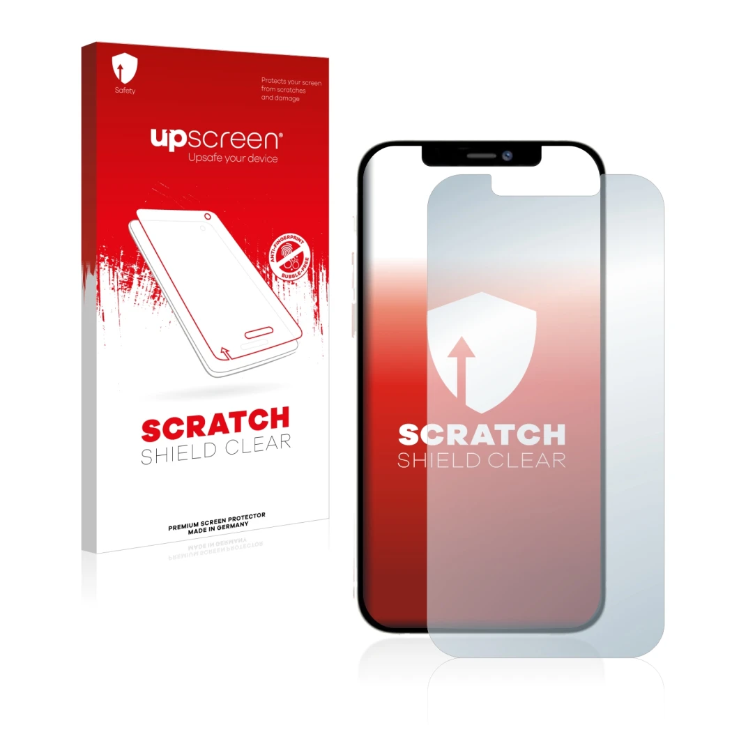 Face avant d’un emballage produit avec le logo de la marque upscreen. À côté, l’appareil Apple iPhone 12 Pro Max est représent