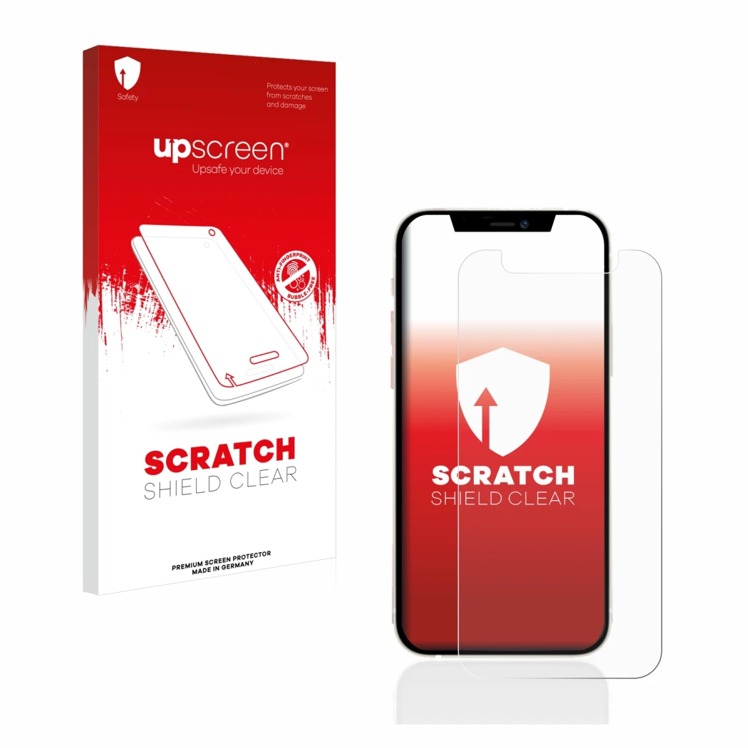 Face avant d’un emballage produit avec le logo de la marque upscreen. À côté, l’appareil Apple iPhone 12 mini est représenté a
