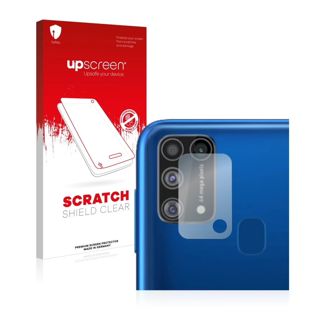 Face avant d’un emballage produit avec le logo de la marque upscreen. À côté, l’appareil Samsung Galaxy M31 (Caméra UNIQUEMENT